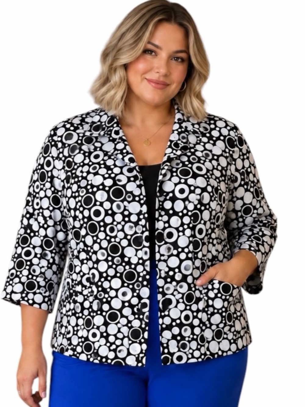 Susan Graver 2X Black & White Polka Dots Button Up Jacket Blazer Elbow Length
